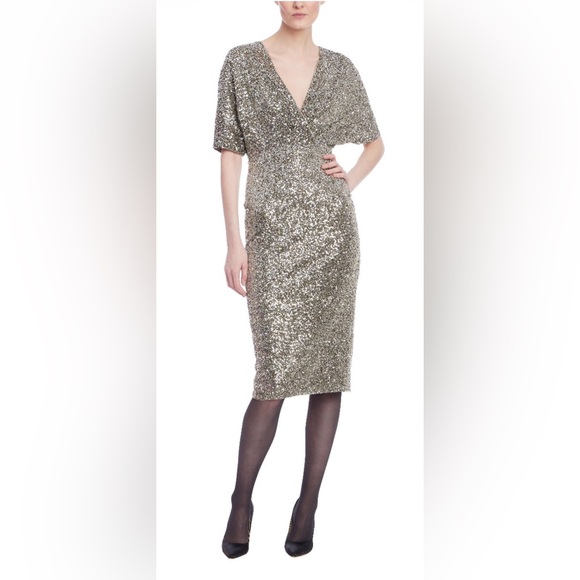 Badgley Mischka Sequin Cocktail Dress Gunmetal Size 10 v-neck Midi Glam NWT